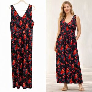 Garnet Hill Romantic Floral Maxi Dress V Neck Sleeveless Black Red Blue Size 14